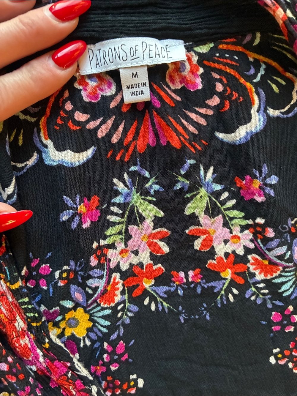 Patrons of Peace Black Floral Open Front Kimono with Multicolor Blooms - Picture 4 of 7